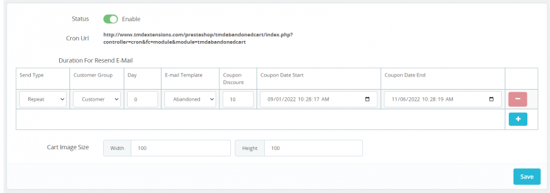 auto send abandoned cart email cron job setting in prestashop