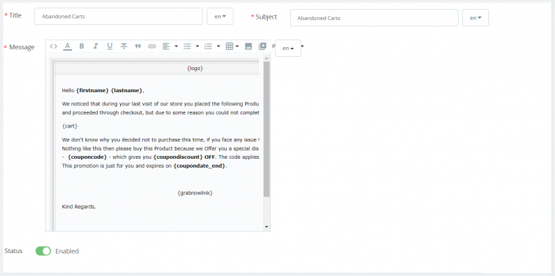 creating email template to assign abandoned cart auto send email to customer