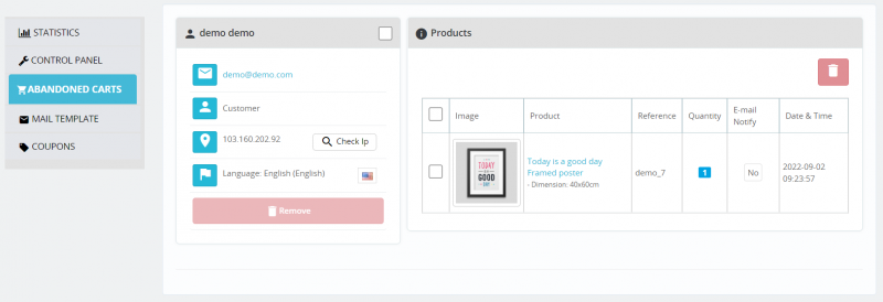 list of abandoned cart in prestashop addon