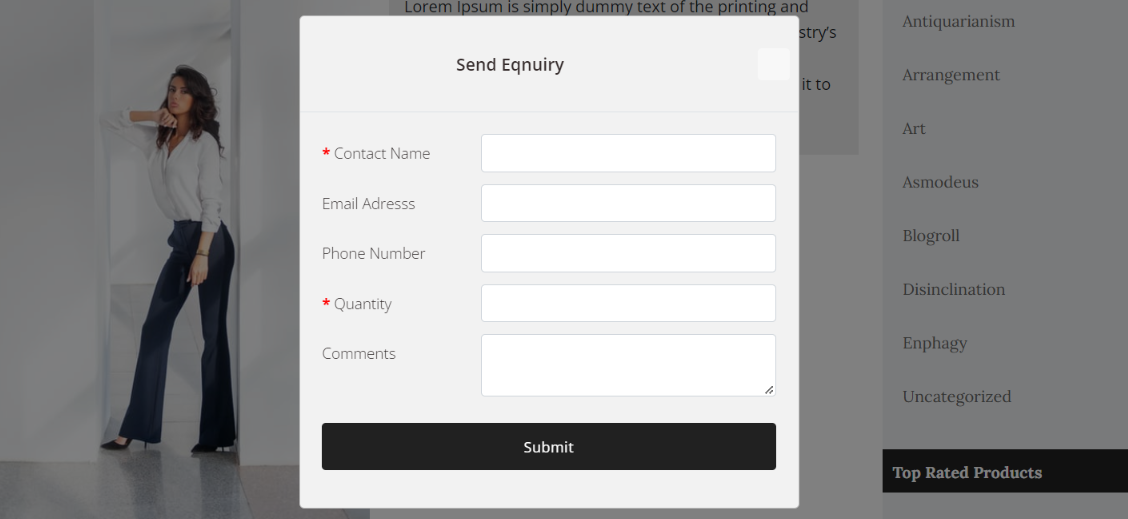 product inquiry form showing as popup on woocommerce product page 